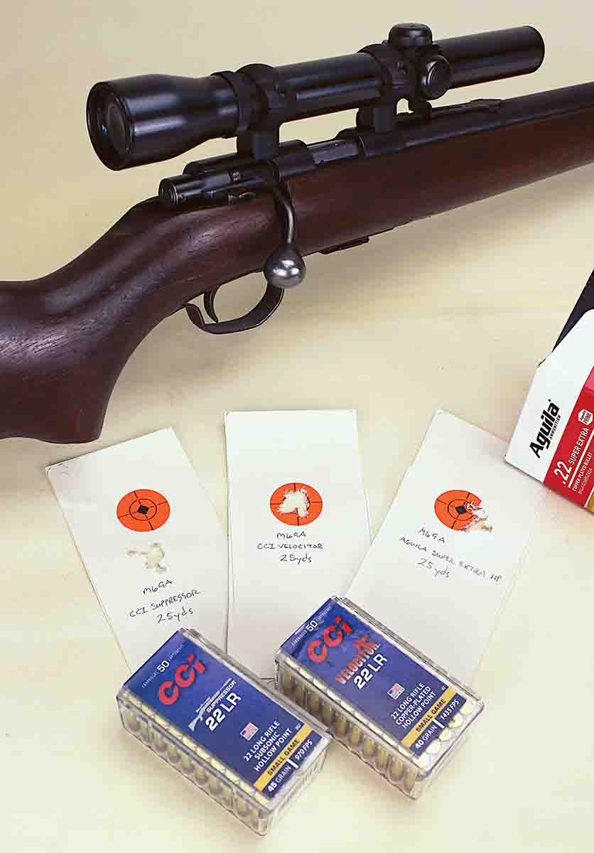 Mounted with a Weaver K2.5x scope, the Model 69A’s accuracy really shows. These 10-round, one-hole groups are all shot with hunting ammunition at 25 yards.